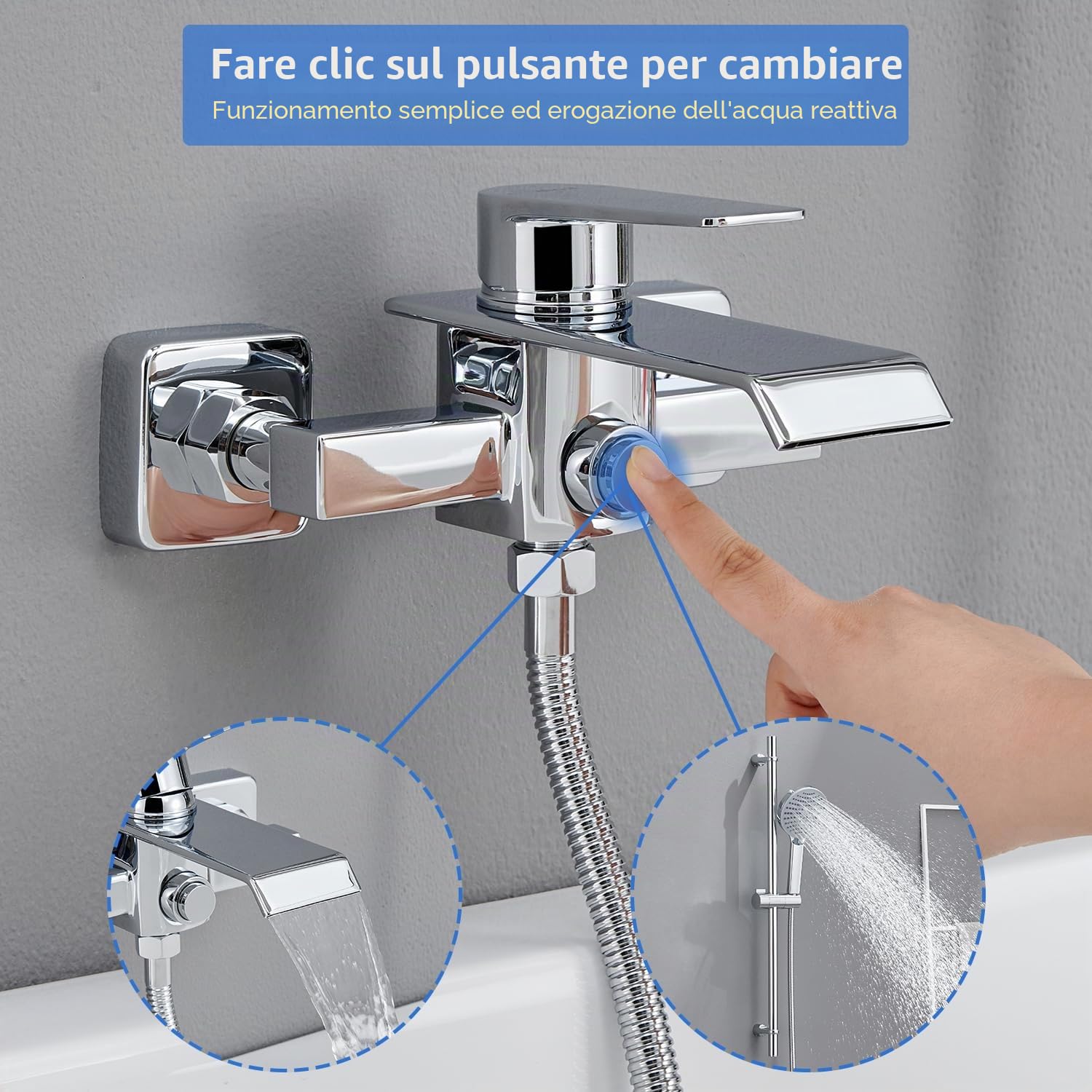 Rubinetto Vasca da Bagno, Miscelatore Vasca da Bagno a Cascata in Ottone, Rubinetto Doccia a Parete, Miscelatore Monocomando Esterno per 2 Utenze, Cromo Argento (G 1/2")