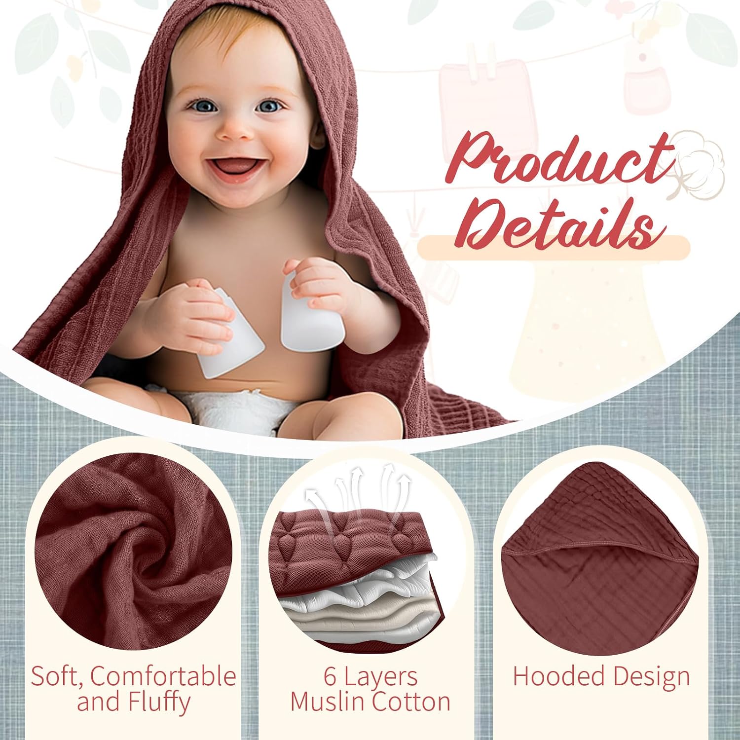 VitalCozy 8 Pcs Baby Muslin Hooded Bath Towels and Washcloths Muslin Cotton Hooded Baby Towels Absorbent Blankets for Gift Newborn Infant Shower (32 x 32 Inch,Warm Colors)