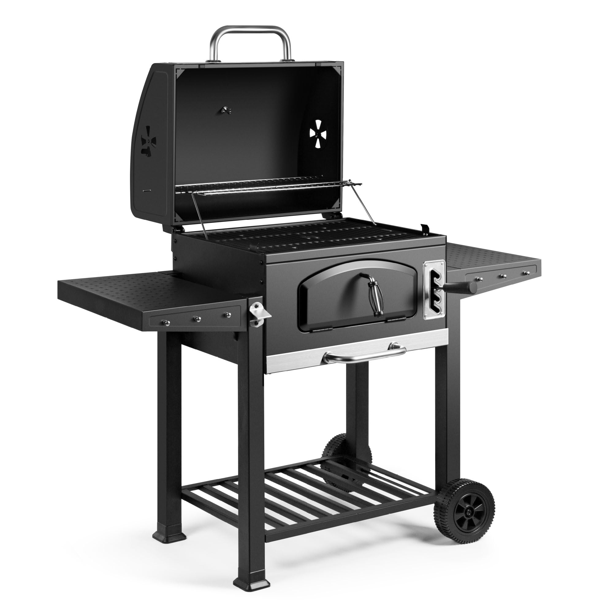VonHaus Holzkohlegrill XL, Amerikanisher Barbecue 2-in-1 Grill und Smoker mit Warmhalterost, Klappablagen, Temperaturanzeige, Grillrost, Luftventilen, Tragbar, Für Fleisch, Fisch und Gemüse
