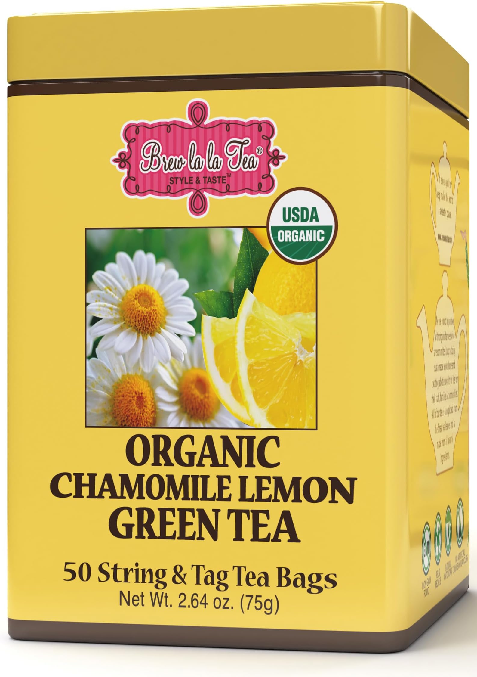Brew La La Organic Green Tea - Natural Chamomile Lemon Flavor - 50 Double Chambered Tea Bags - Low Caffeine - USDA Certified Organic - NonGMO - Gluten Free