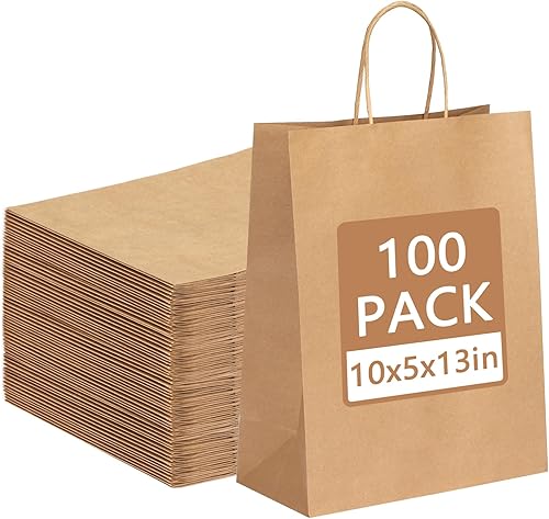 Moretoes 100 bolsas de papel de regalo de 10 x 5 x 13 pulgadas, bolsas de papel kraft marrón con asas a granel para compras, venta al por menor,