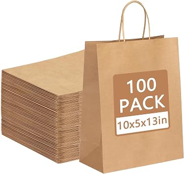 Moretoes 100pcs Paper Gift Bags 10x5x13 Inch Brown Paper Bags with Handles