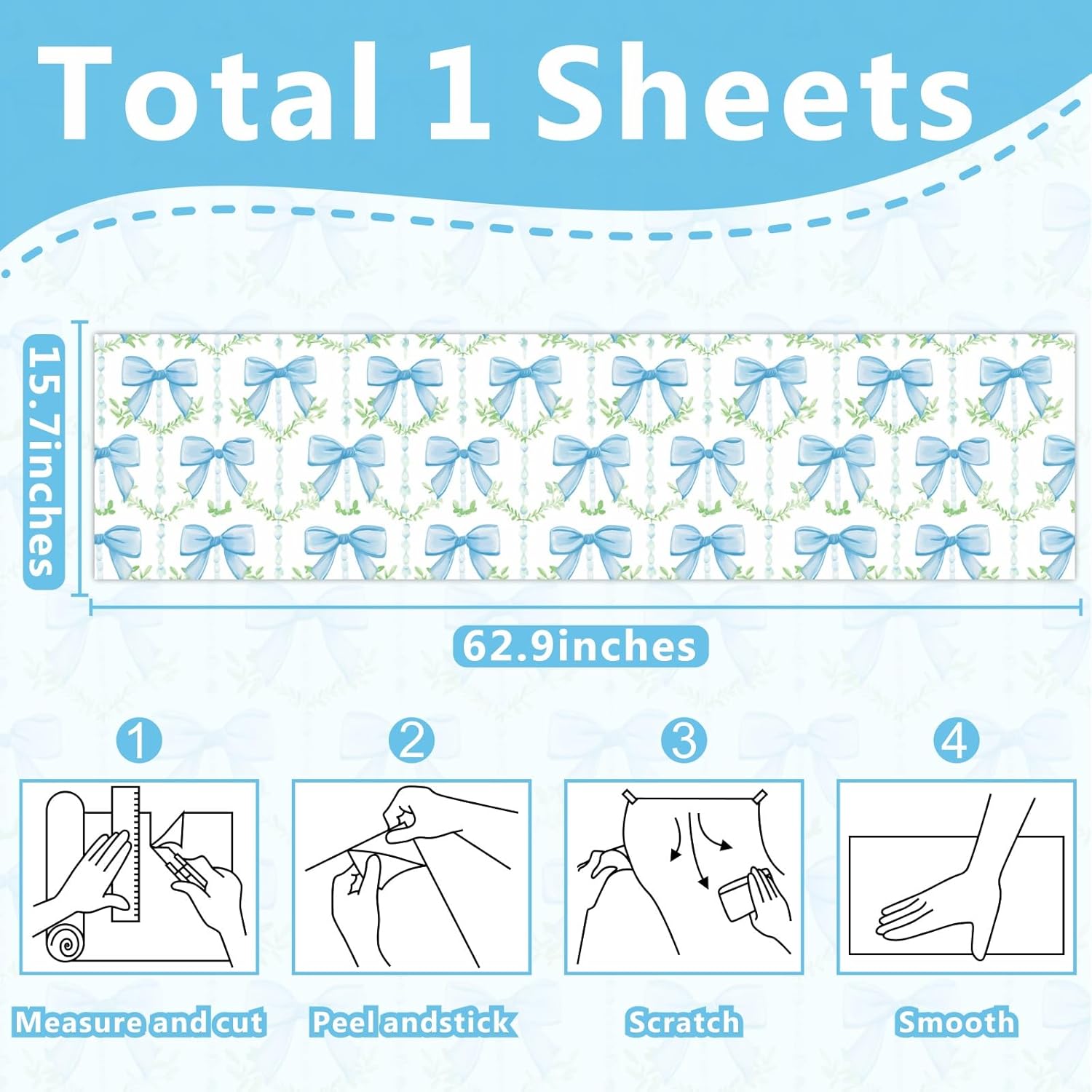 Blue Peel and Stick Wallpaper Self Adhesive Removable Wall Paper Bow Wall Decor Baby Girls Room Contact Paper Bowtie Vinyl Film Sticker for Cabinets Kids Bedroom Drawer Coquette Art Murals 15.7"x62.9"