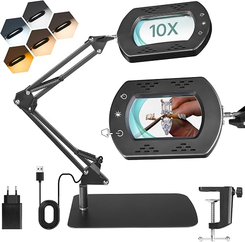 GOEBLESON 10X Lampe Loupe de Bureau Table, avec Lumière Pince et Support
