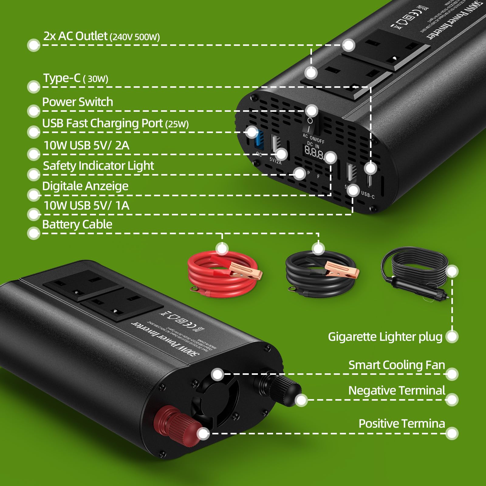 TAGEEBLU 12V 500W Power Inverter 12v to 240v, Car Voltage Converter Transformer with 2 3-Pin Sockets & 2-USB & 1 QC & 1-Type-C Ports for Charging Phones, Laptop, Tablets, TV, Camping Equipment - 4