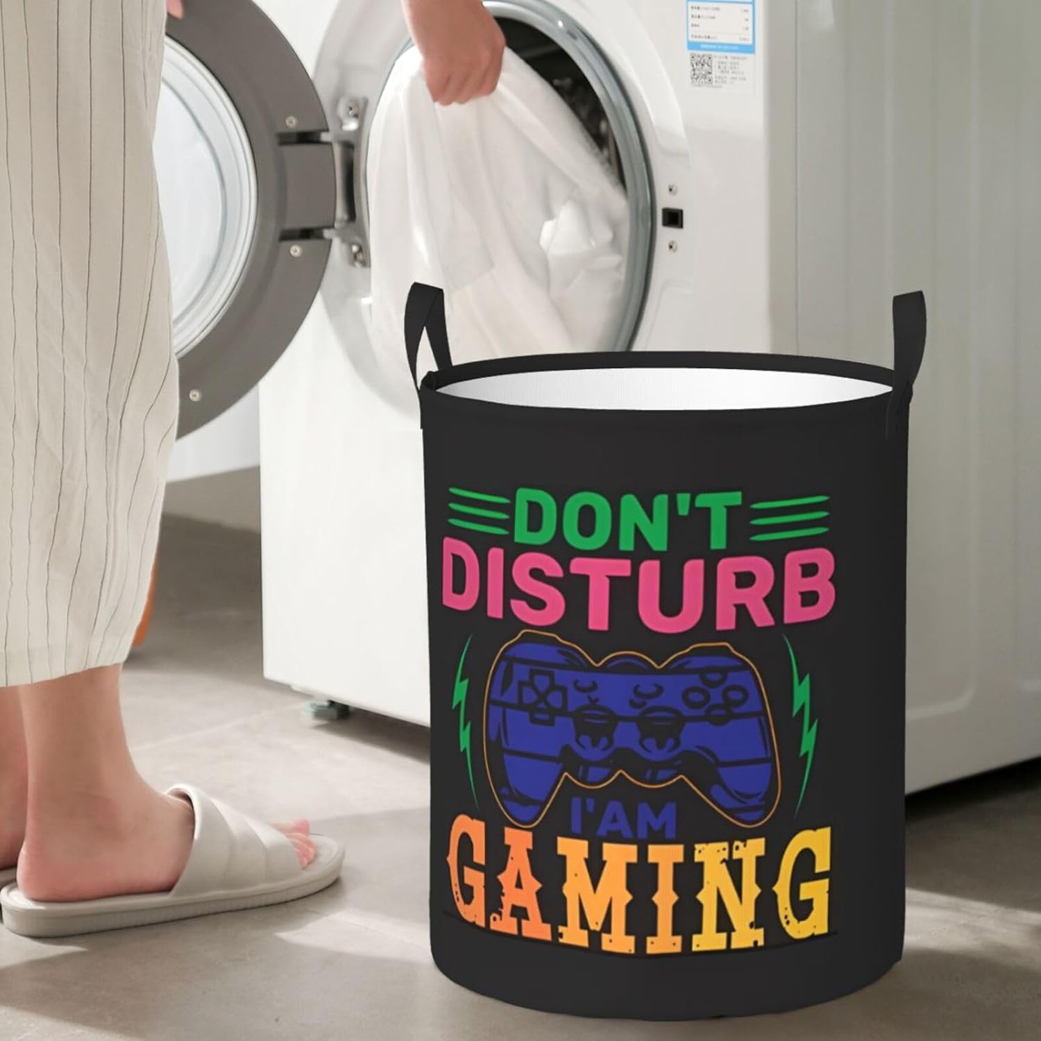 Do Not Disturb I'm Gaming Laundry Hamper with Durable Handle Waterproof Collapsible Laundry Basket Circular Storage Basket Dirty Clothes Bag for Family Bathroom Bedroom Dorm