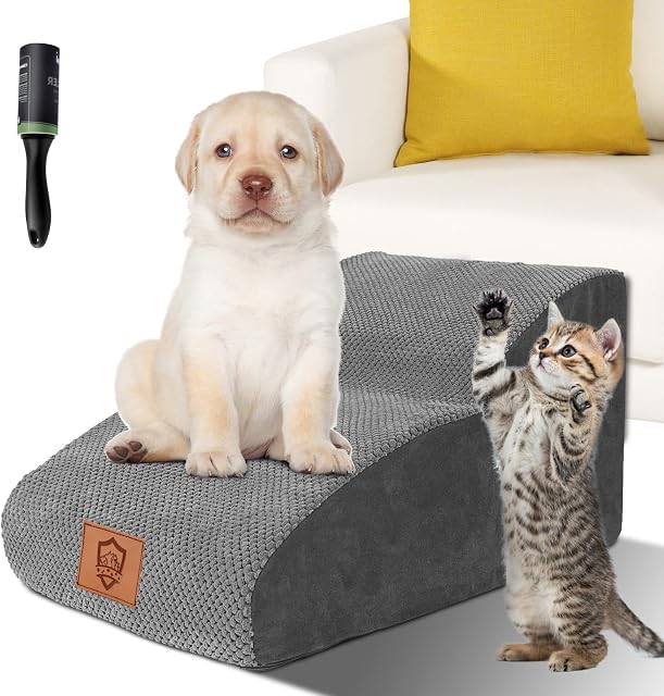 ZNM Dog Stairs, Non-Slip Dog Steps for Small Dogs and Cats, 2-Steps Pet Foam Ladder, Portable Pet Ramp with Removable and Washable Plush Cover for Sofa Bed, Send Lint Roller