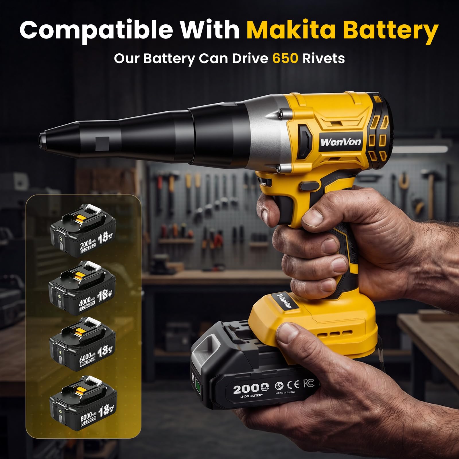 WonVon Rivettatrice elettrica senza fili, per batteria Makita da 18 V, 2200 giri/min, kit di rivetti automatici senza spazzole (1/8", 5/32", 3/16"), pistola portatile a batteria, 1 batteria