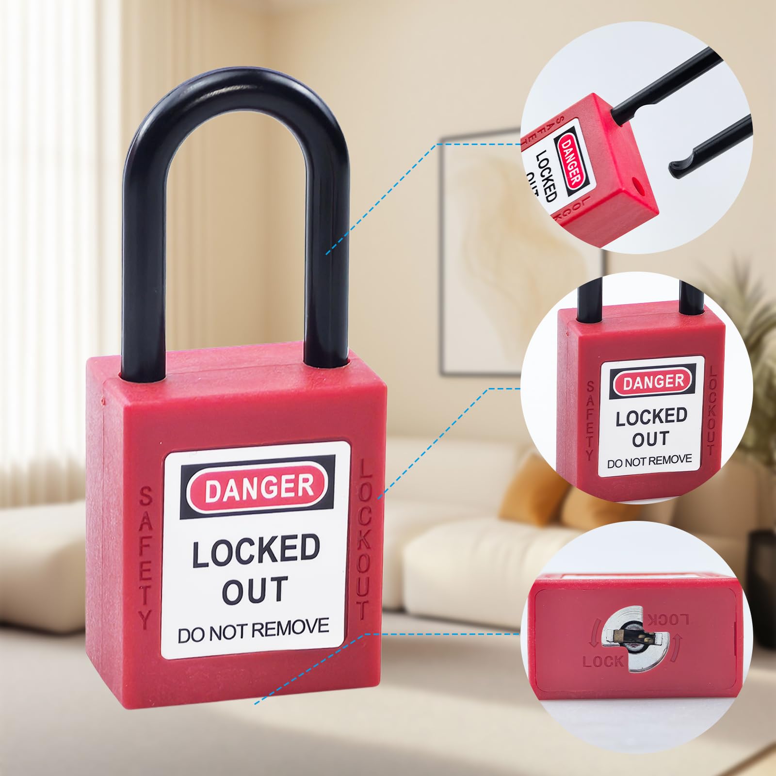 10 lucchetti Lockout in nylon, 38 mm, con chiave, lucchetto di sicurezza per stazioni e dispositivi (rosso)