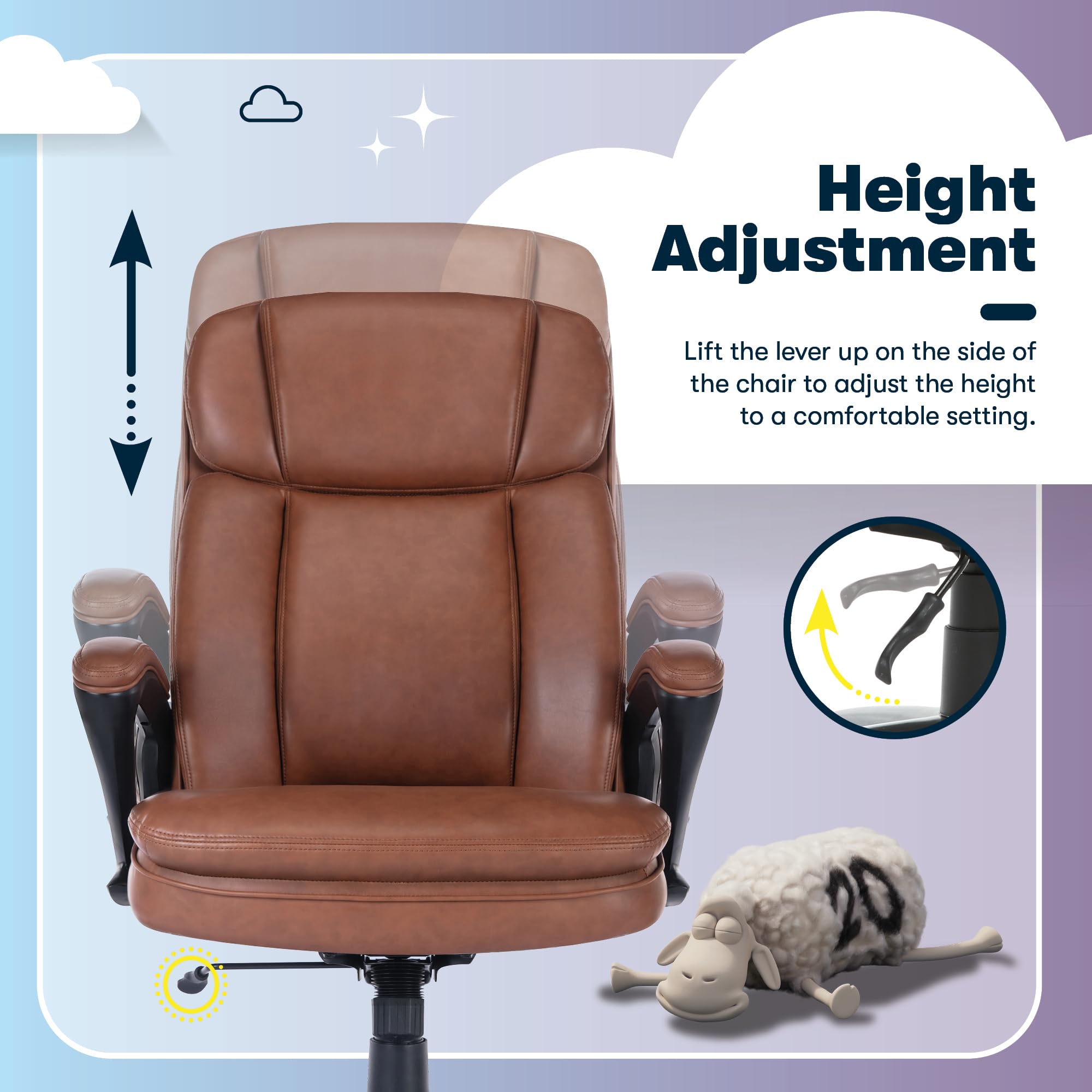 Serta Fairbanks Big & Tall Executive Office Chair, Ergonomic Comfy High-Back ComputerChairs with Lumbar Support, Semi-Plush Seat Cushion, Padded Armrests, Nylon Swivel Base, Bonded Leather, Cognac