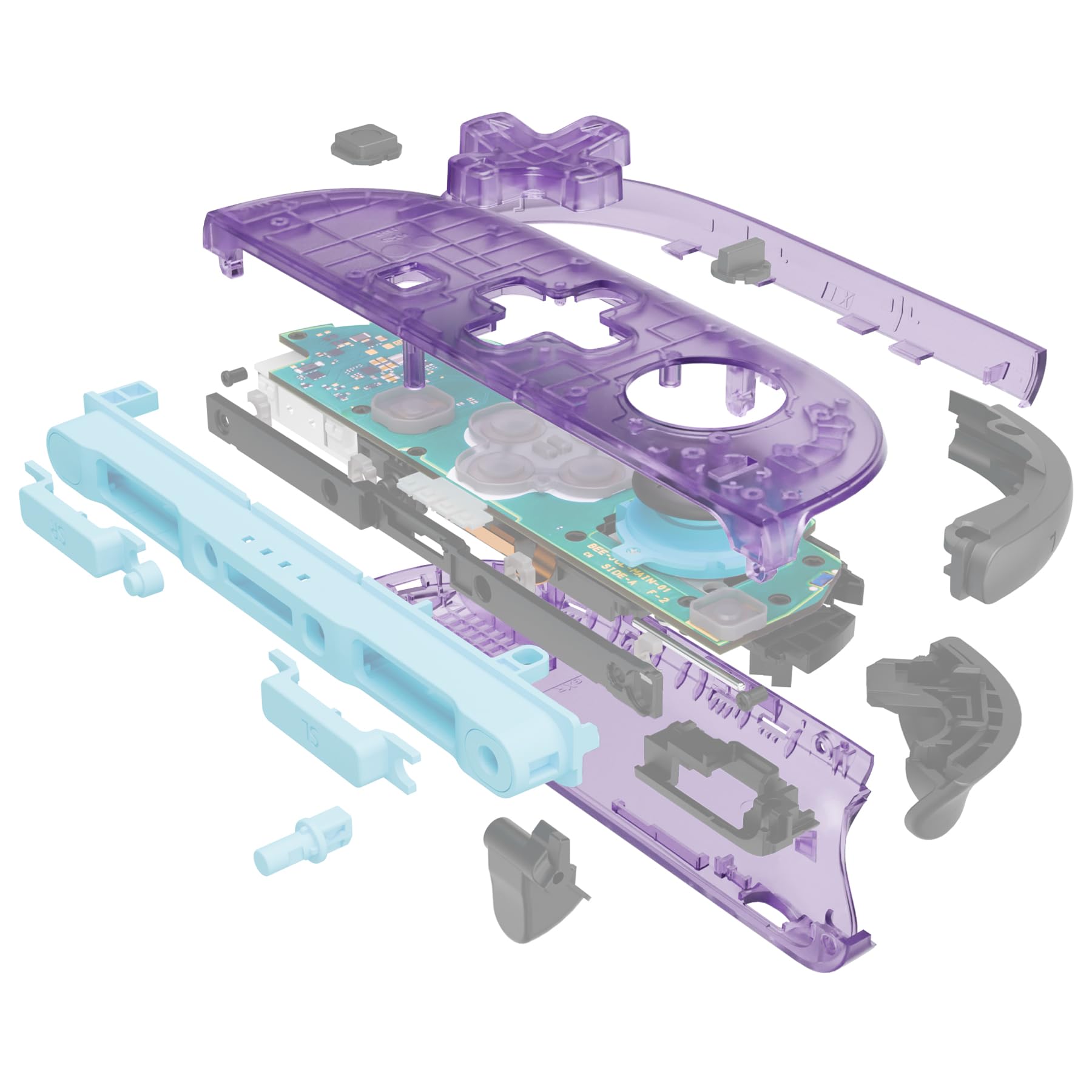 eXtremeRate Ersatz D-Pad Ver. Gehäuse Set für Switch 2 Joycon, Essence Version Custom Grips Shell/Deko Streifen/ABXY/Dpad Buttons Zubehör für Nintendo Switch 2 Joy Con-Transparent Lila