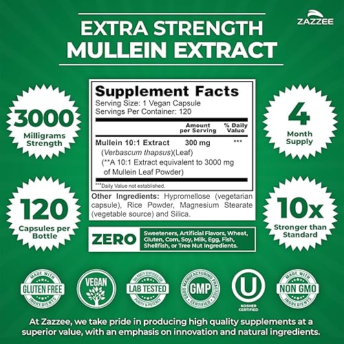 Miniatura 3 de Zazzee Extracto de gordolobo extra fuerte 10:1, 3000 mg de fuerza, 120 cápsulas veganas, suministro de 4 meses, extracto estandarizado 10X, polvo