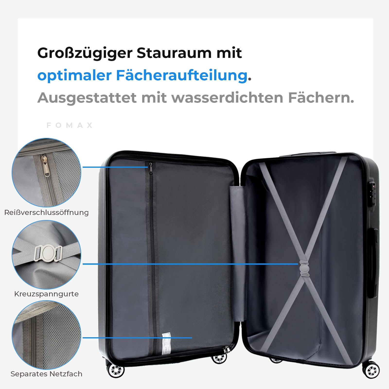 FOMAX Hartschalenkoffer 3tlg. Koffer Set Trolley Reisekoffer 3 Teilig | Gepäck Rollkoffer TSA Schloss 4 Rollen, ABS Carry on Luggage Teleskopgriff (Schwarz, M-L-XL)