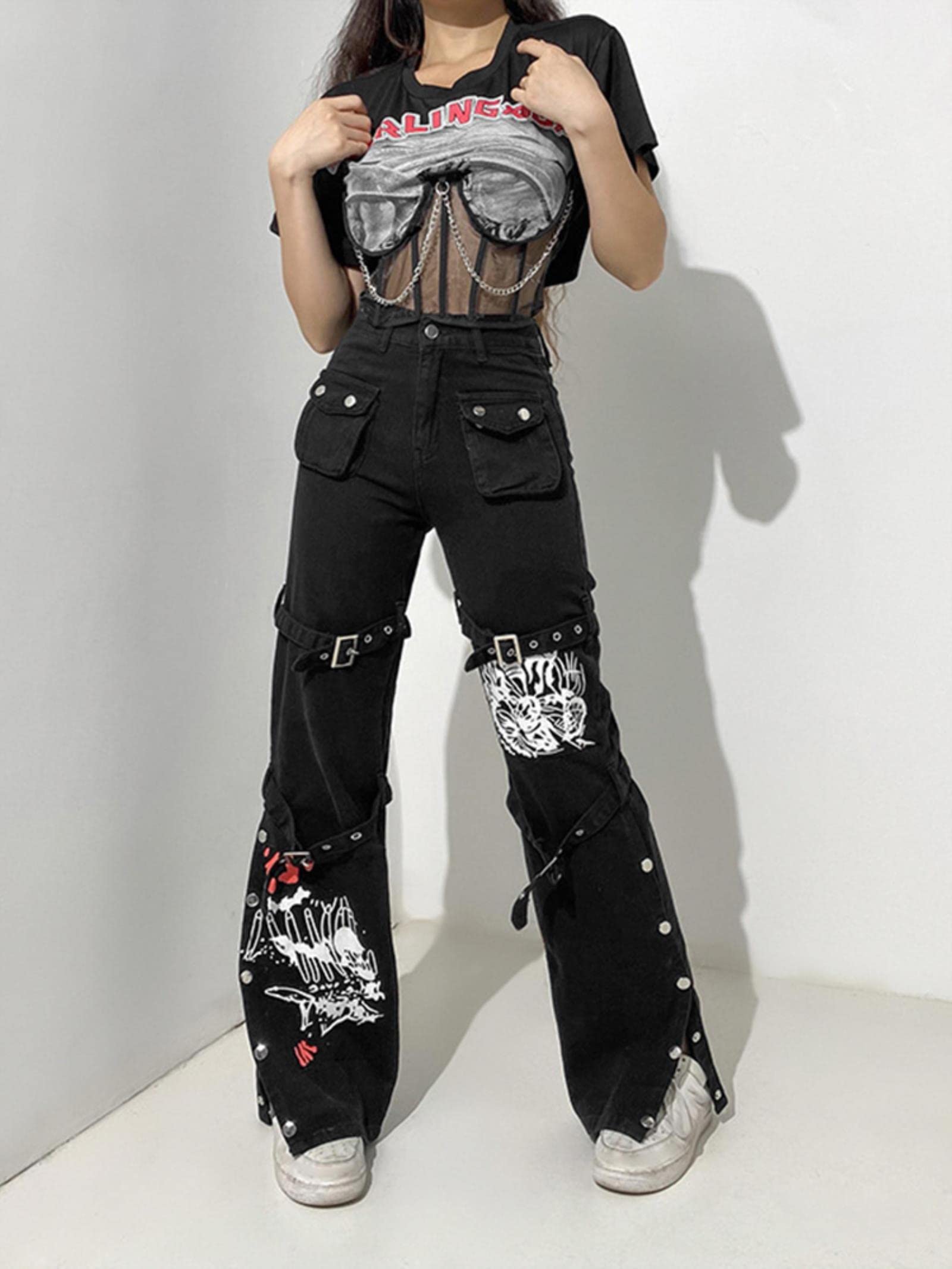 LNSIN Y2K Punk Skull Print Black Buckle Pants Harajuku High