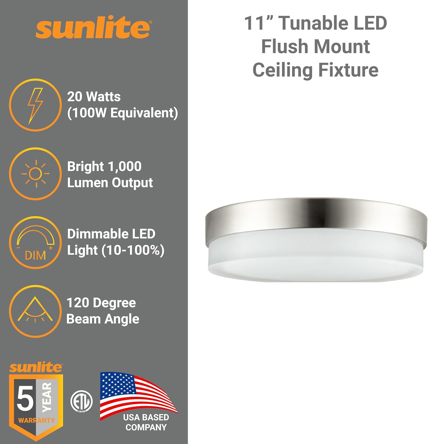 Sunlite 49154 11” Modern Round Flush Mount Ceiling Light Fixture, 20 Watts, Color Selectable 27K/30K/35K/40K/50K, 1000 Lumens, Dimmable, ETL Listed, Brushed Nickel, for Office, Bedroom & Kitchen Use