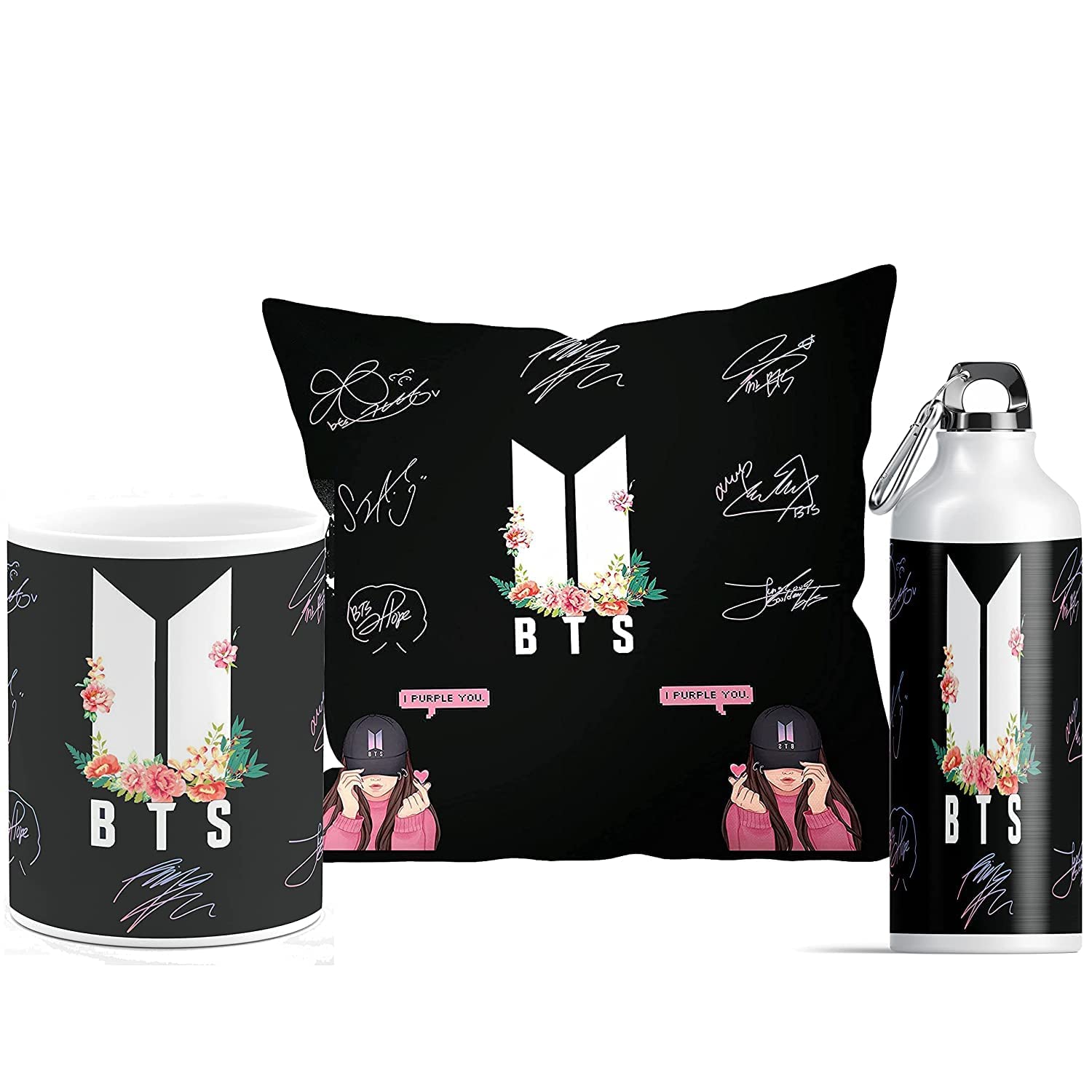 Chhaap I Purple You Cushion 12x12 With Filler Bts Sipper 600ml Water Bottel Bts Black Mug Bts Signature Army Bts Combo Music Band V Suga J-Hope Jungkook Jin Jimin Rm Gift For Girl Boy Pack of 3(BTSM-02)