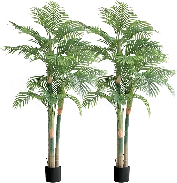 7FT Fake Palm Trees 2pcs, Artificial Golden Cane Palm Tree 84IN, Fake Plant in Pot