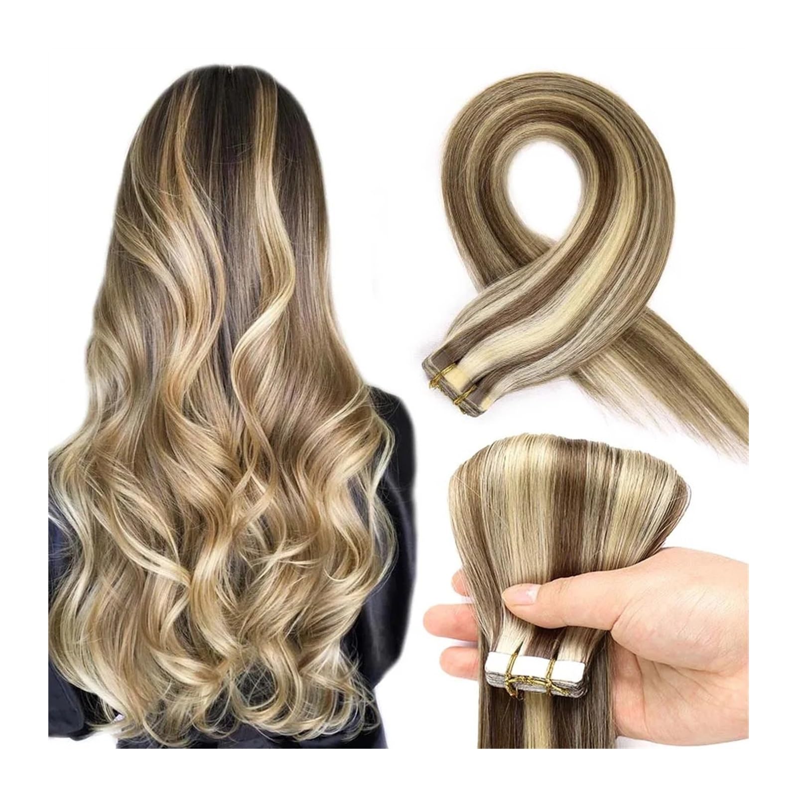 Bandverlängerungen Gerade Menschenhaar Remy Band in Menschenhaar Extensions PU-Band Aschebraun Leuchtendes Blondband Haarverlängerung (20 pcs,24