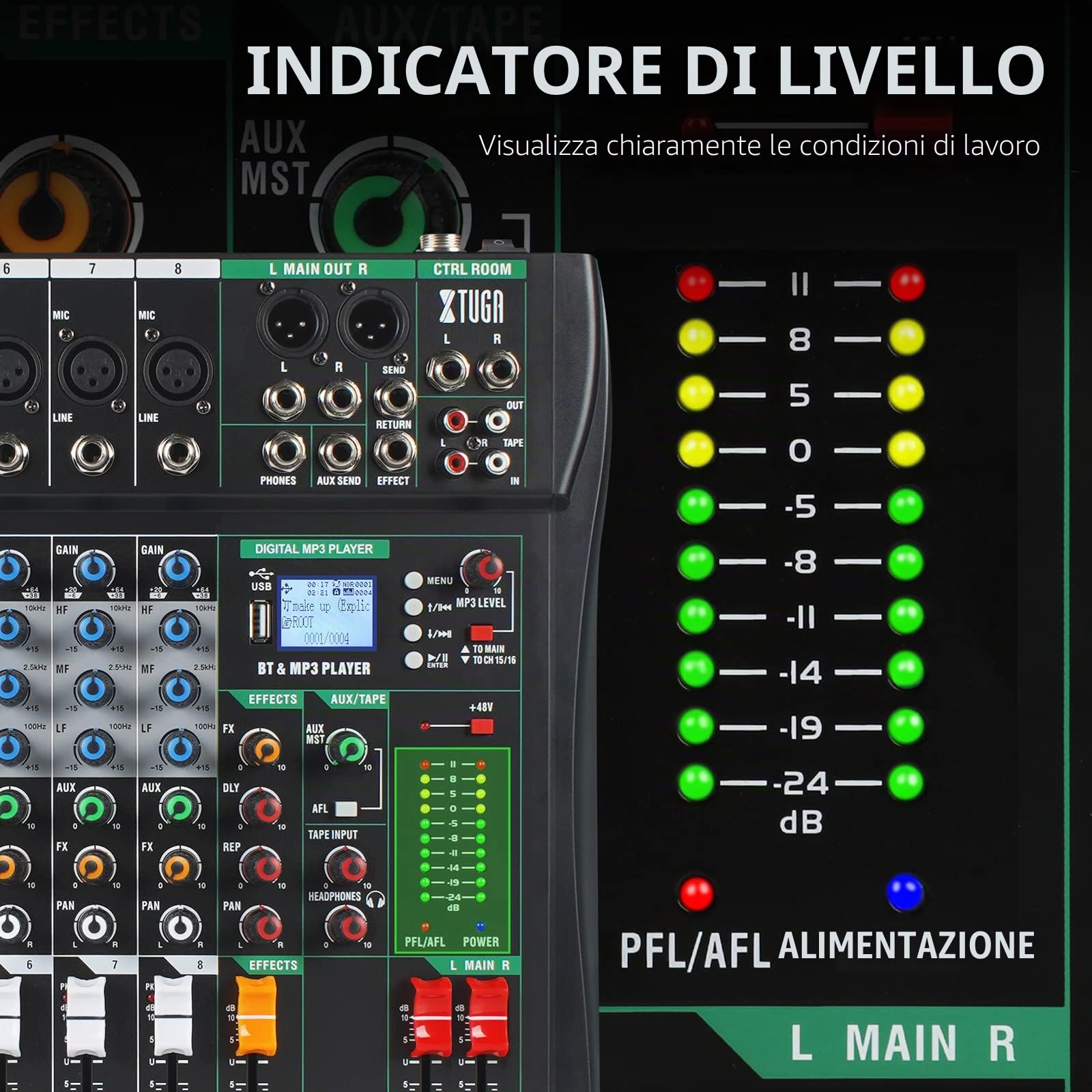 XTUGA CT80 - Console audio a 8 canali per registrazione su PC, scheda audio professionale integrata con effetti digitali da studio, alimentazione phantom da 48 V, ingresso/uscita RCA, MP3, Bluetooth