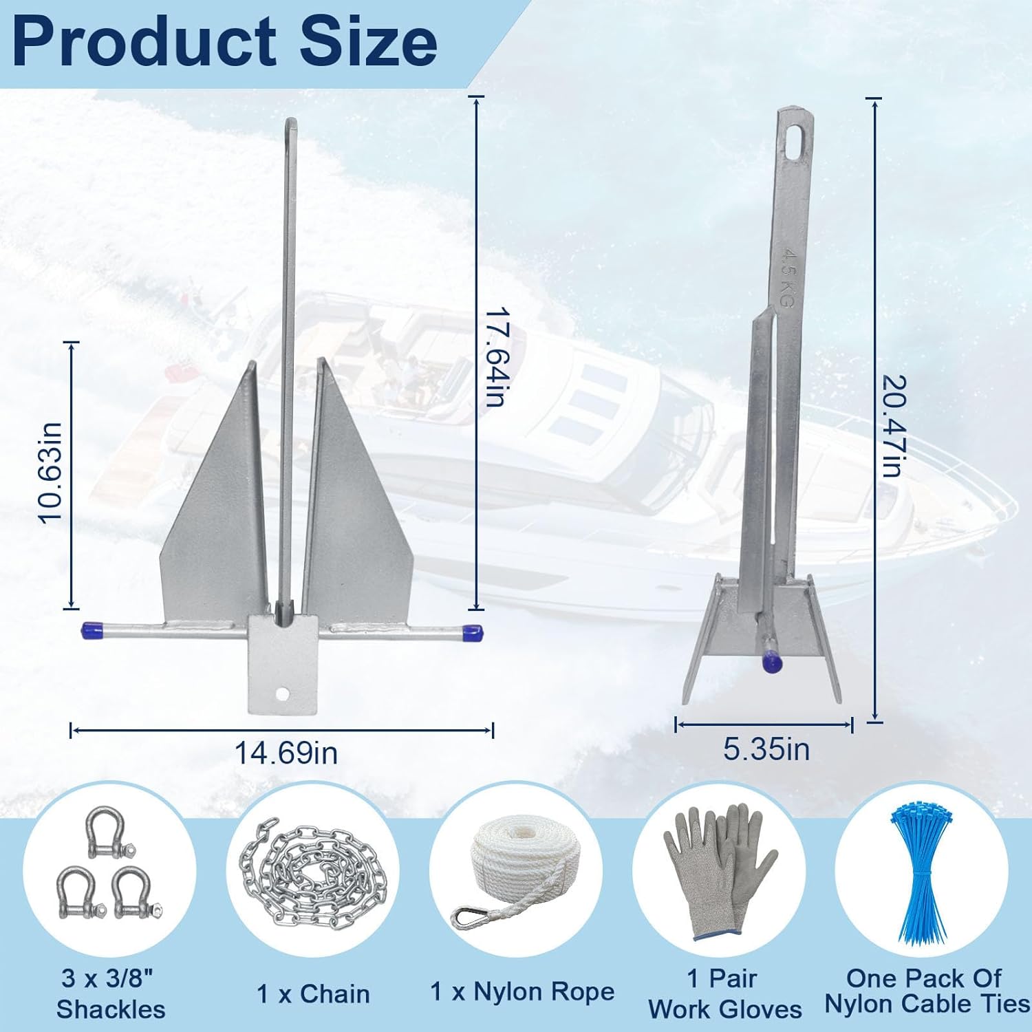 5/8/10/13 lb Galvanized Fluke Danforth Anchor Kit with Chain, Rope, Shackles & Non-Slip Gloves, Heavy Duty Boat Anchor for Pontoon, Dinghy, Fishing Boats, Bass Boats, Sport Boats & Yachts