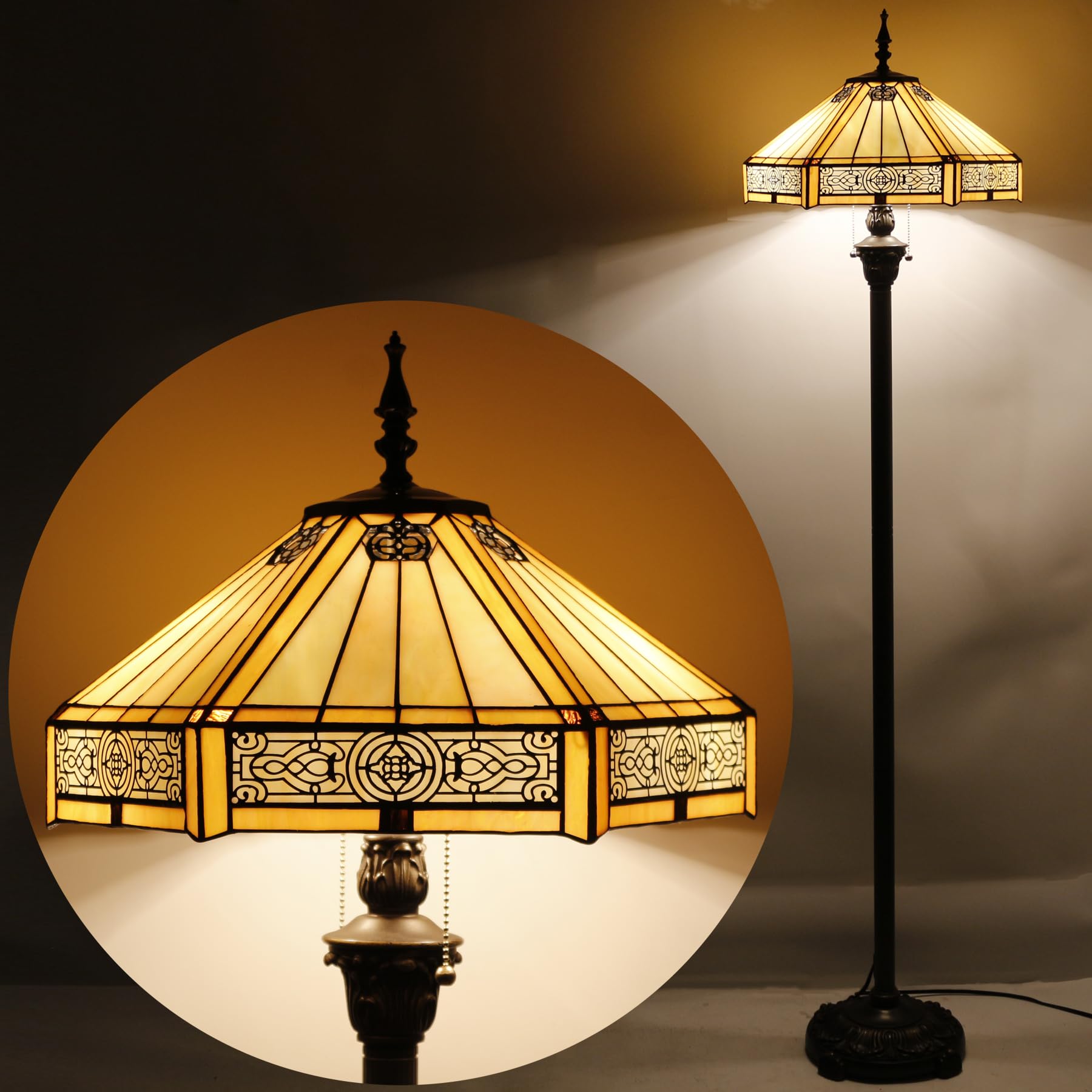 WERFACTORY Tiffany Floor Lamp Yellow Hexagon Stained Glass Mission Standing Reading Light 16X16X64 Inches Antique Pole Corner Lamp — view 8