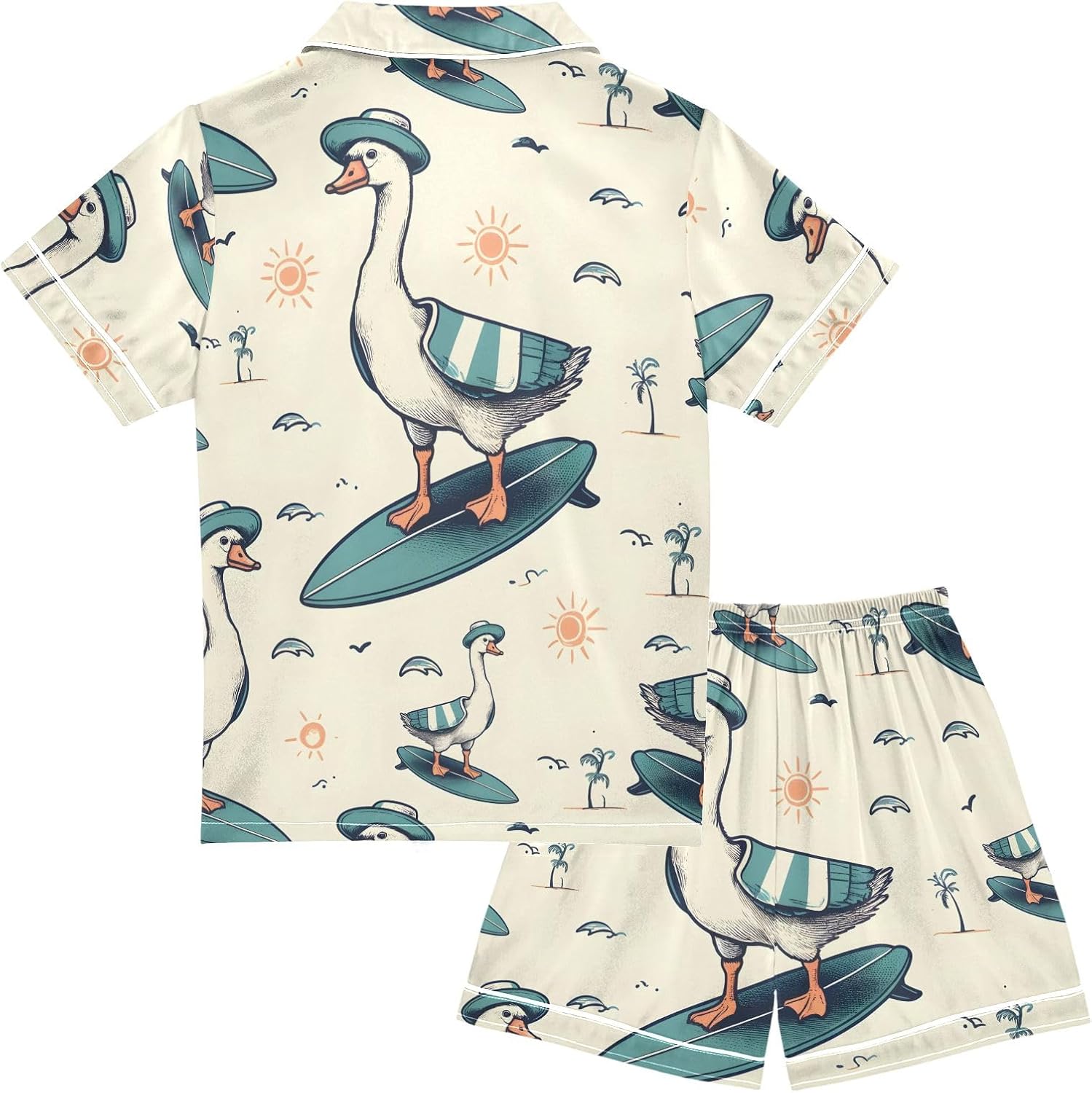 Kids Casual Satin Wear Set Pattern with Funny Goose Surfer Unisex Short Sleeve Clothing for Relaxing