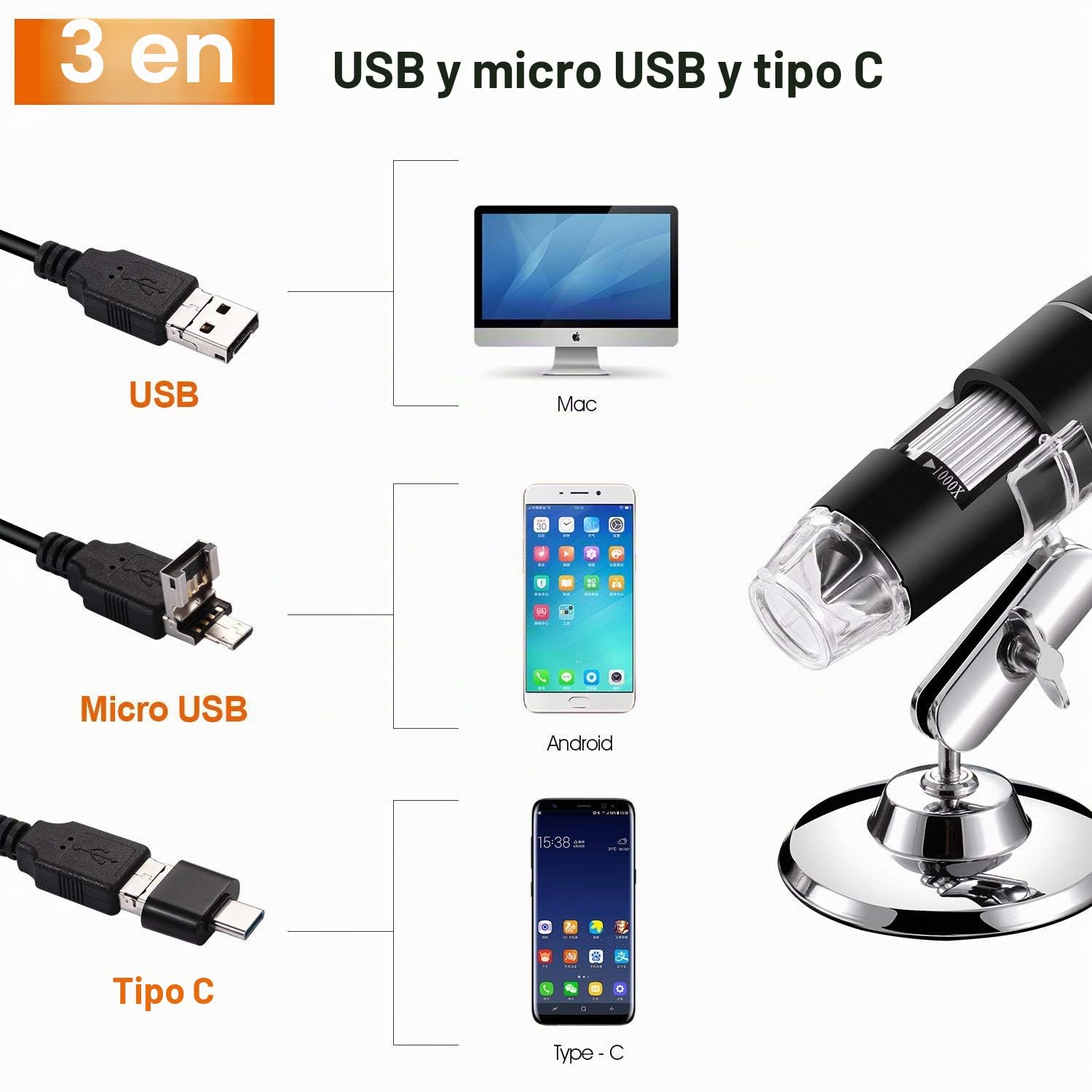 Microscopio Digital USB 40X a 1000X, Bysameyee 8 LED Cámara de endoscopio de Aumento con Estuche y Soporte de Metal, Compatible para Android Windows 7 8 10 Linux Mac