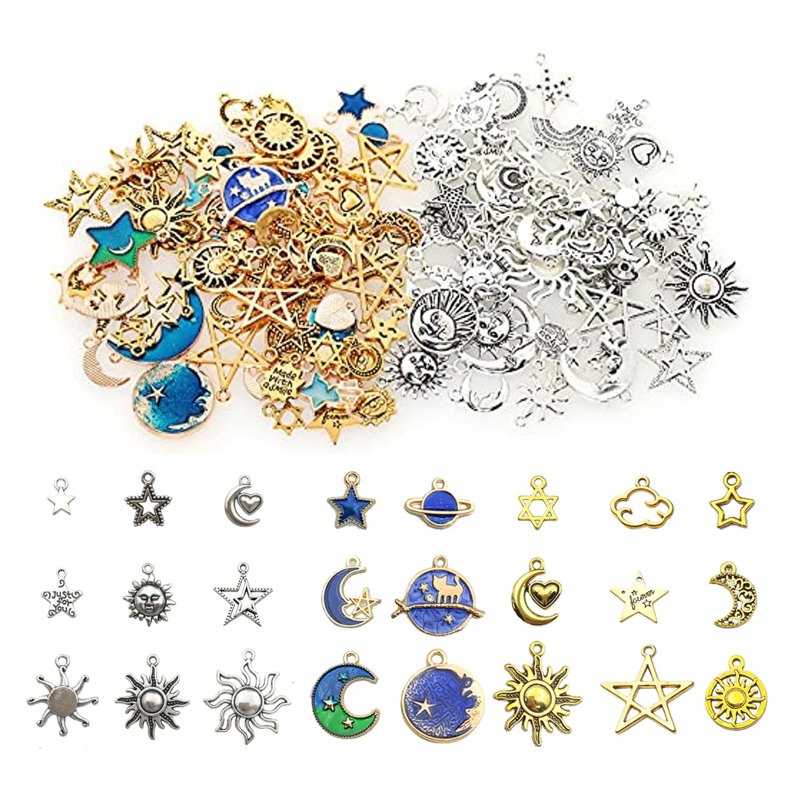 BetterJonny130Pcs Jewelry Charms, Mixed Antique Silver Sun Stars Moon Charms Pendants, Plated Enamel Charms,Double Sided Pendant Charm for Necklace Bracelet Jewelry Making