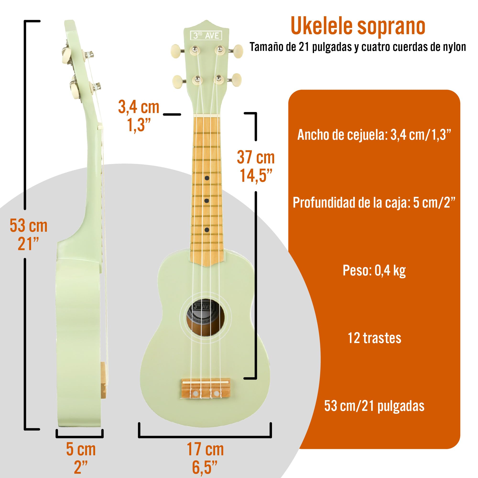 3rd Avenue Ukelele soprano para principiantes de 53 cm, 4 cuerdas de nailon con bolsa de ukelele gratis, color verde pastel, lecciones en línea gratis de 1 mes