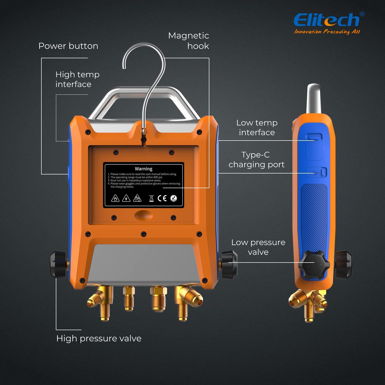 Elitech Manometr HVAC Inteligentny Czterodrożny EMG-40V - Precyzyjny Pomiar Ciśnienia I Temperatury, Kompatybilność Z Wieloma Czynnikami Chłodniczymi, Wyświetlanie Krzywych