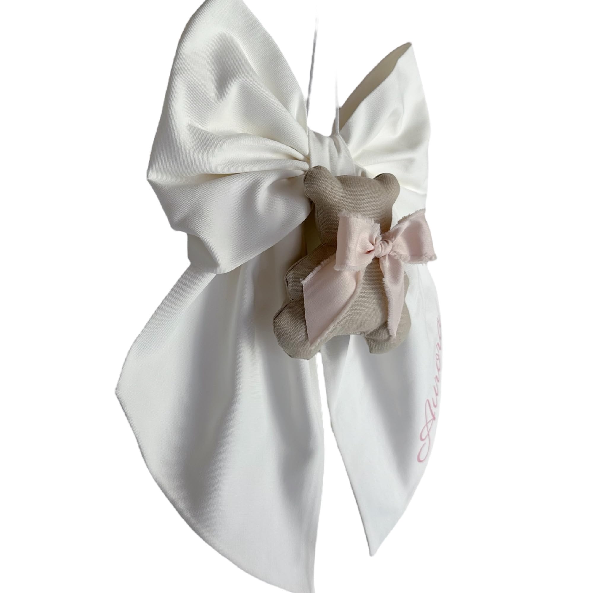 Fiocco nascita Teddy personalizzato con nome bambino/bambina fatto a mano in Italia (Bianco - teddy rosa)