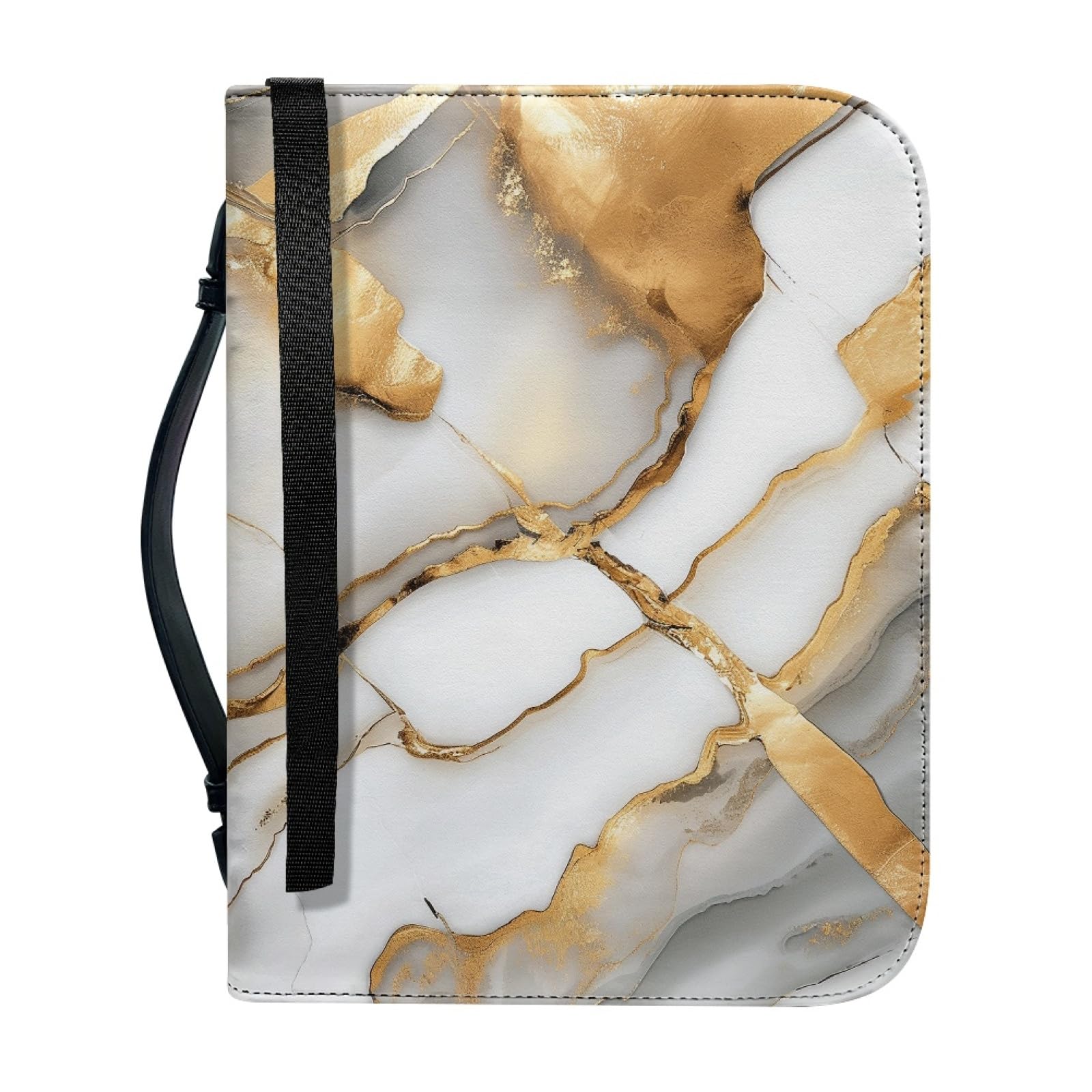 ENEN Bible Cover Tote Bag, 3D Marble Print Bible Bag Bible Cover Case Waterproof PU Leather Large Bible Case/Bible Book Cover with Handle, Zip & Pen Storage (Golden White,28.5x20.3cm)