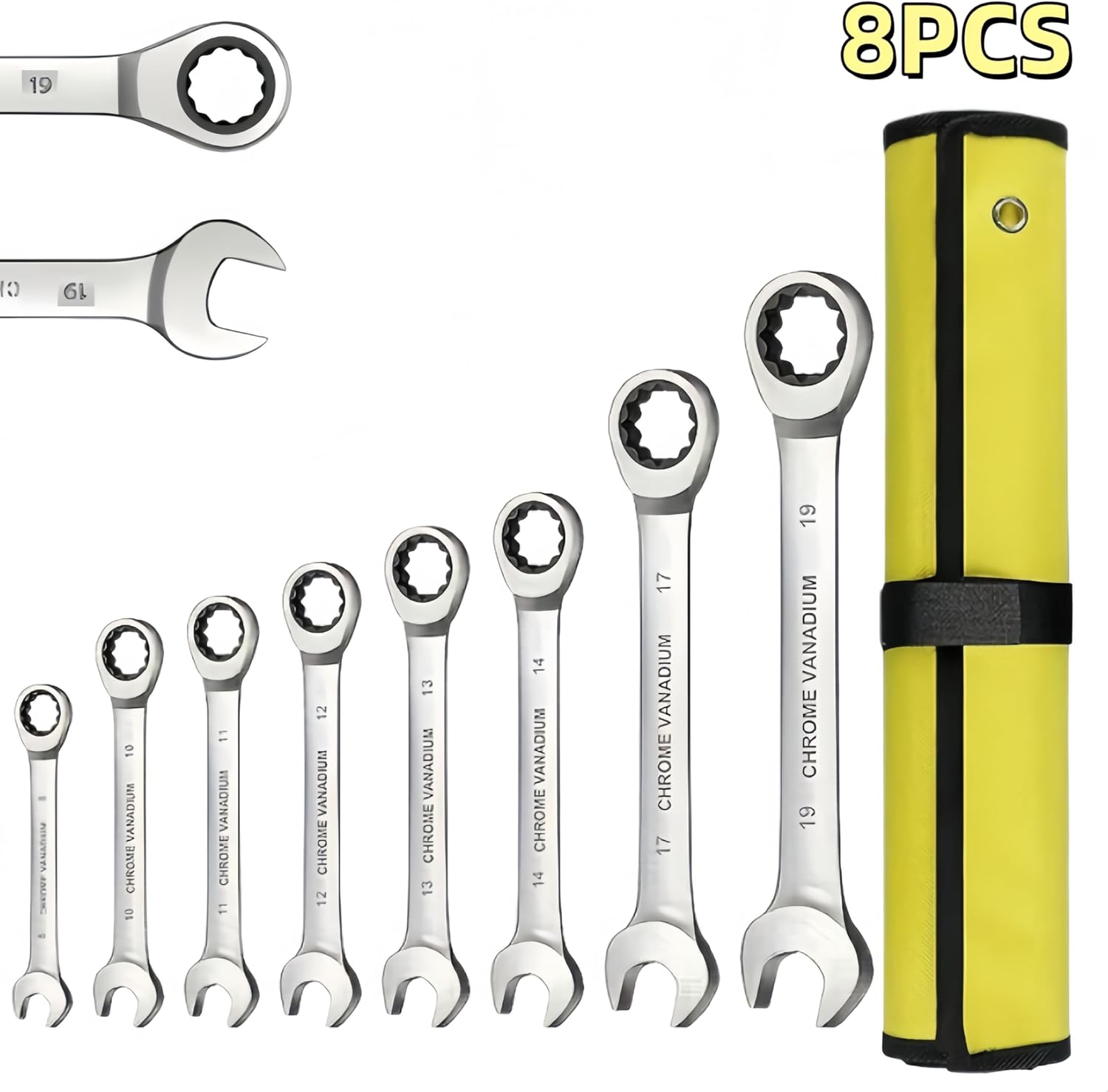 NANWEI 8-Piece Dual-End Ratcheting Wrench Set, 72-Tooth, Metric 8-19 mm, Forged Cr-V Steel with Storage Pouch, for Auto Repair, Machinery, DIY & Gifts