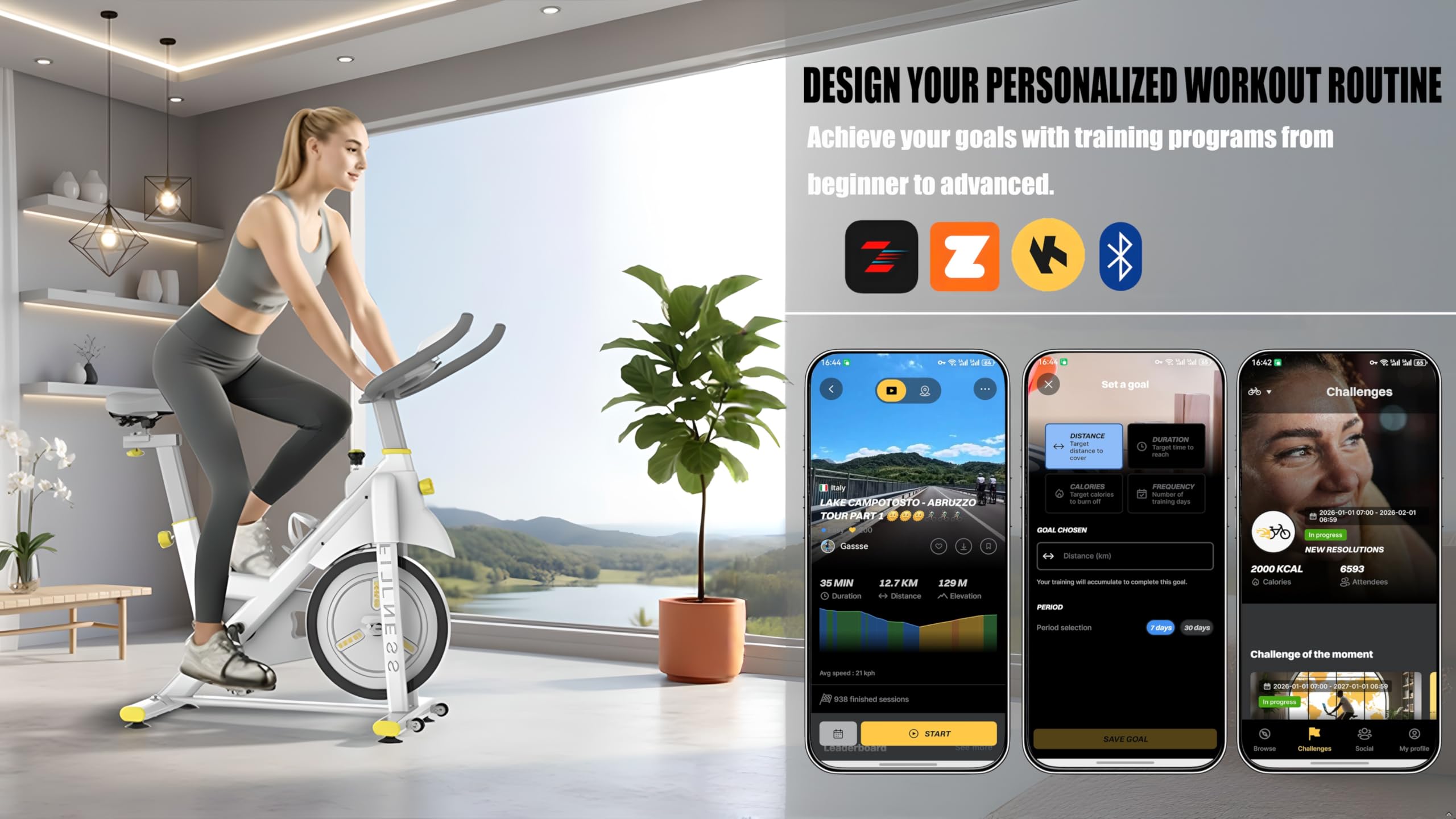 Stacjonarny rower treningowy dla użytkownika o maksymalnej wadze 150 kg z łącznością Bluetooth, monitorem LCD, kołem zamachowym o ciężarze 13,6 kg, regulowanym siedzeniem i uchwytem na tablet