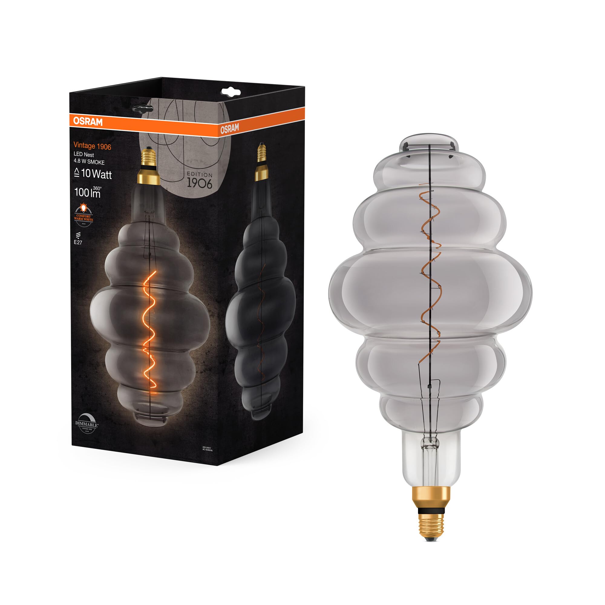 Osram Lamps 1906 LED-Lampe mit Smoke-Tönung, 4,8W, 100lm, Bienenstock-Form mit 200mm Durchmesser&E27-Sockel, warmweiße Lichtfarbe, dimmbares Filament, bis zu 15 Stunden Lebensdauer, 4058075761056