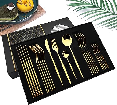JASHII Juego de cubiertos de 24 piezas de cubiertos de acero inoxidable dorado con caja de regalo premium, regalo de vivienda con cuchillo, tenedor,