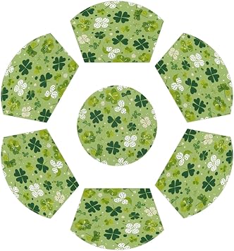 Green St. Patricks Shamrocks Wedge Placemats Set of 6 Heat Resistant 6 Wedge Place Mat and 1 Round Mat Wipeable Washable Plastic PVC Dinner Table Mats for Indoor Kitchen Party Dining Table