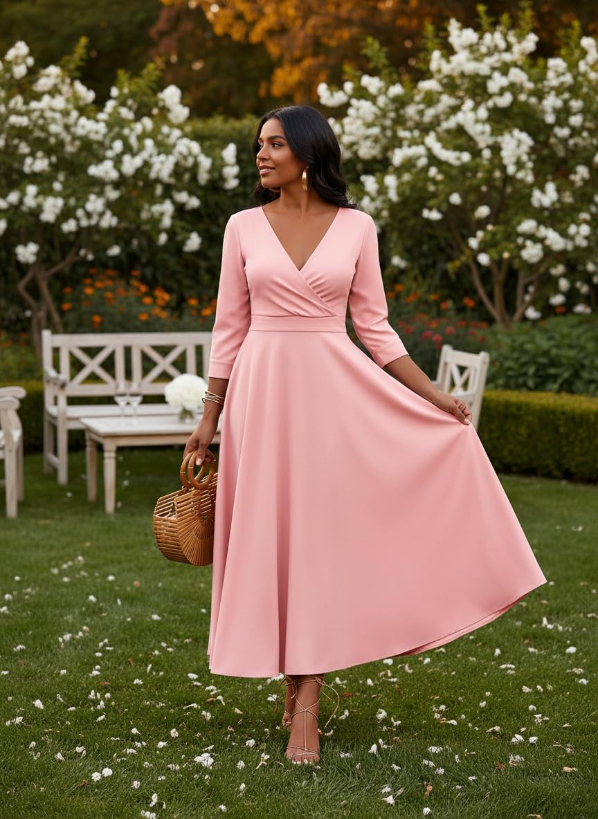 FANDEE Women's Dresses Church Loose Fit V Neck Dress with 3/4 Sleeve and Belt Design Casual Long African Attire Dress - Image 5