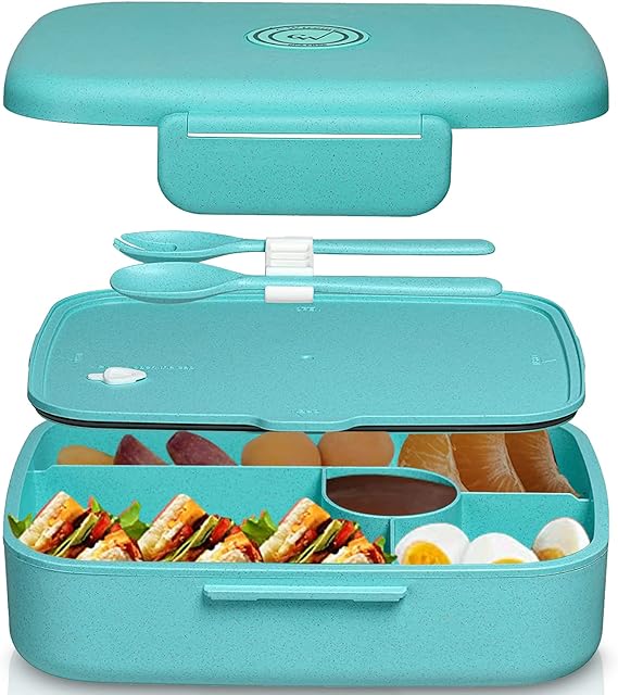 Bento Lunch Box for Adults Kids & with 5 Compartments, Fork & Spoon | Reusable BPA-Free Leak Proof Meal Container | Microwave & Dishwasher Safe | UK Brand