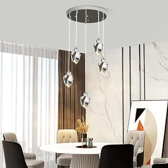 Modern Crystal Pendant Light, 3-Color LED Silver Ceiling Hanging Lamp, for Kitchen Island Bedroom Living Room Dining Room Lighting 5-Head Round Base [Energy Class E]