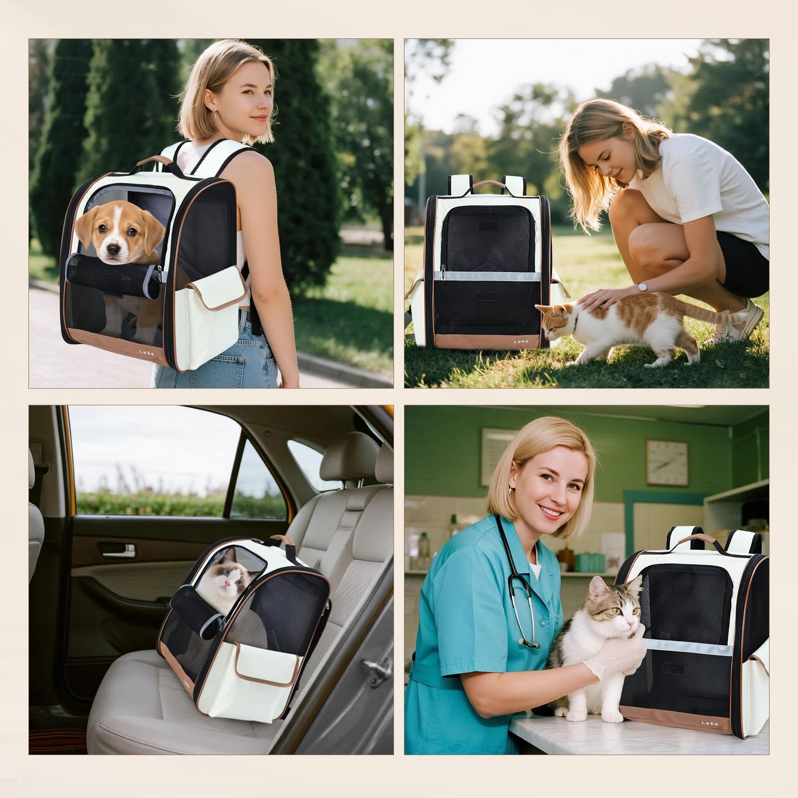 HundeRucksack und KatzenRucksack für Mittel/Kleine Haustiere(2-8KG), Haustier Rucksack mit Netzfenster für Wandern, Reisen, Outdoor (Beige)