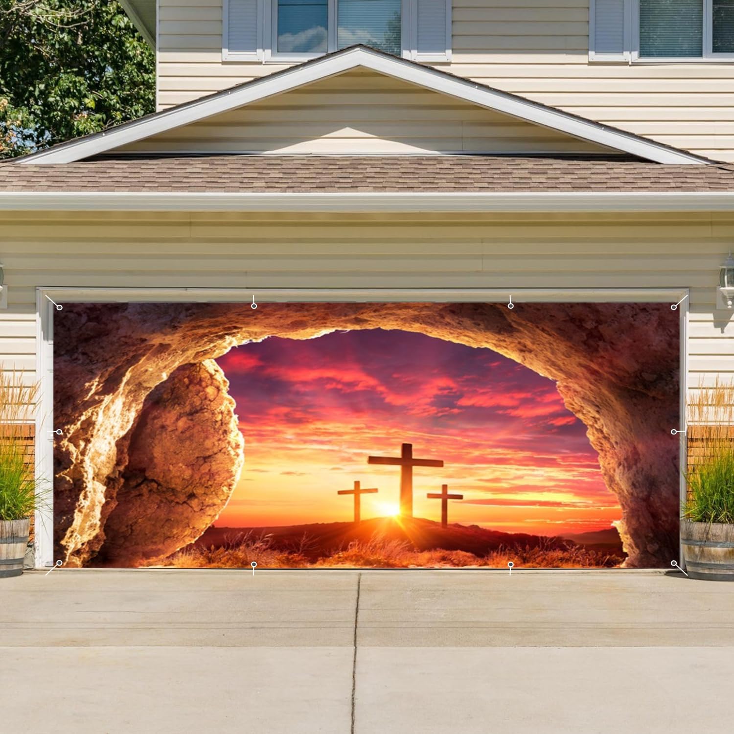 He is Risen Easter Garage Door Cover Banner Decorations Backdrop 8x16ft Large Jesus Easter Christ Cross Holy Light Jesus Tomb Sunrise Garage Door Banner Church Events Outdoor Garage Door Decorations