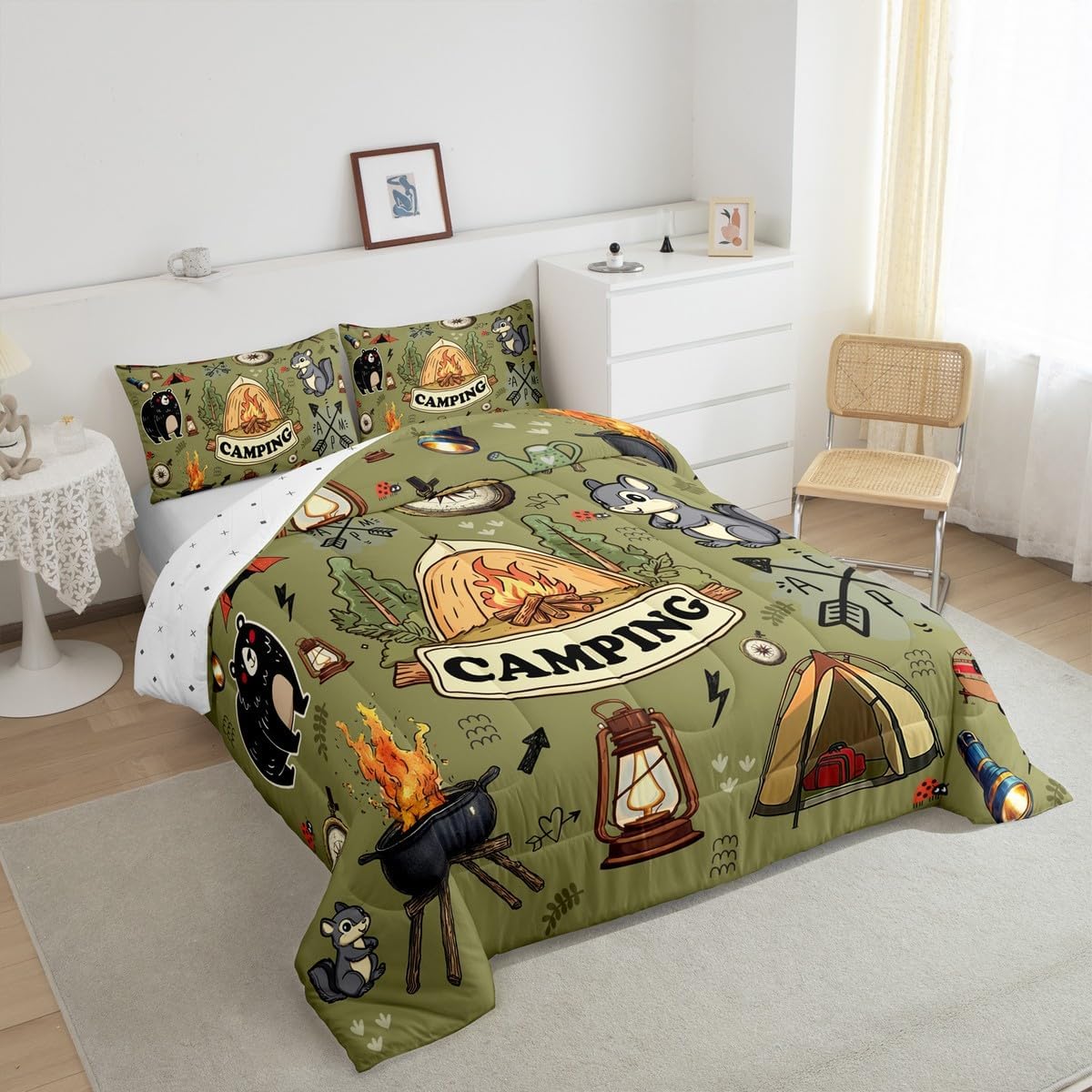 Erosebridal Kids RV Camper Queen Comforter Set,Camping Tent Bedding Set for Boys Girls Room Decor,Forest Bear Fox Bed Set Rustic Style Travel Trailer Bedding Comforter Sets,2 Pillowcases