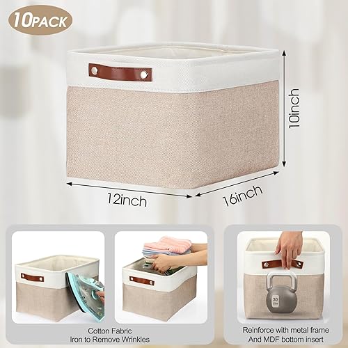 Miniatura 3 de Uiifan 10 contenedores plegables de almacenamiento de tela, canastas de almacenamiento plegables de tela con asas, cesta organizadora de lino para