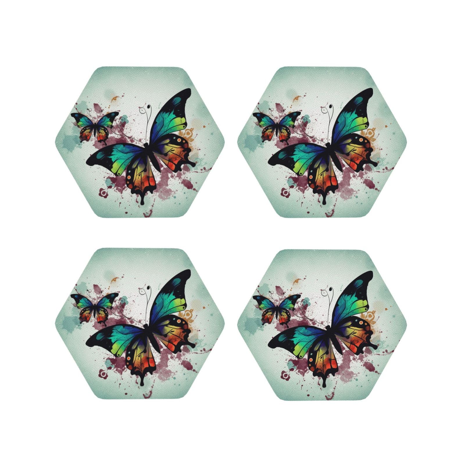 4Pcs PU Leather Coaster for Drinks, Artistic Butterfly Cup Coastersr 4" Cup Mat Pad, Aesthetic Drink Coasters for Coffee Table, Hexagon Coaster for Tabletop Protection