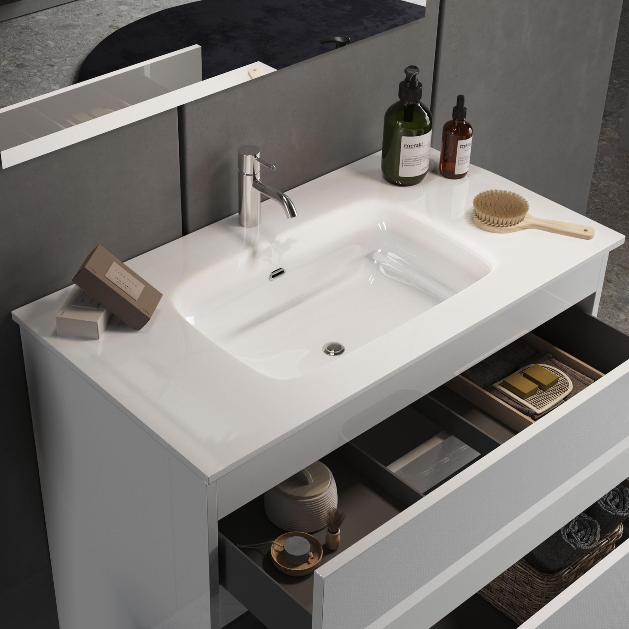 Web Convenienza Mobile Bagno con Cassetti Moderno - Mobiletto Lavandino Bagno - Colore Bianco Lucido - Base a terra 3 cassetti - 100 cm