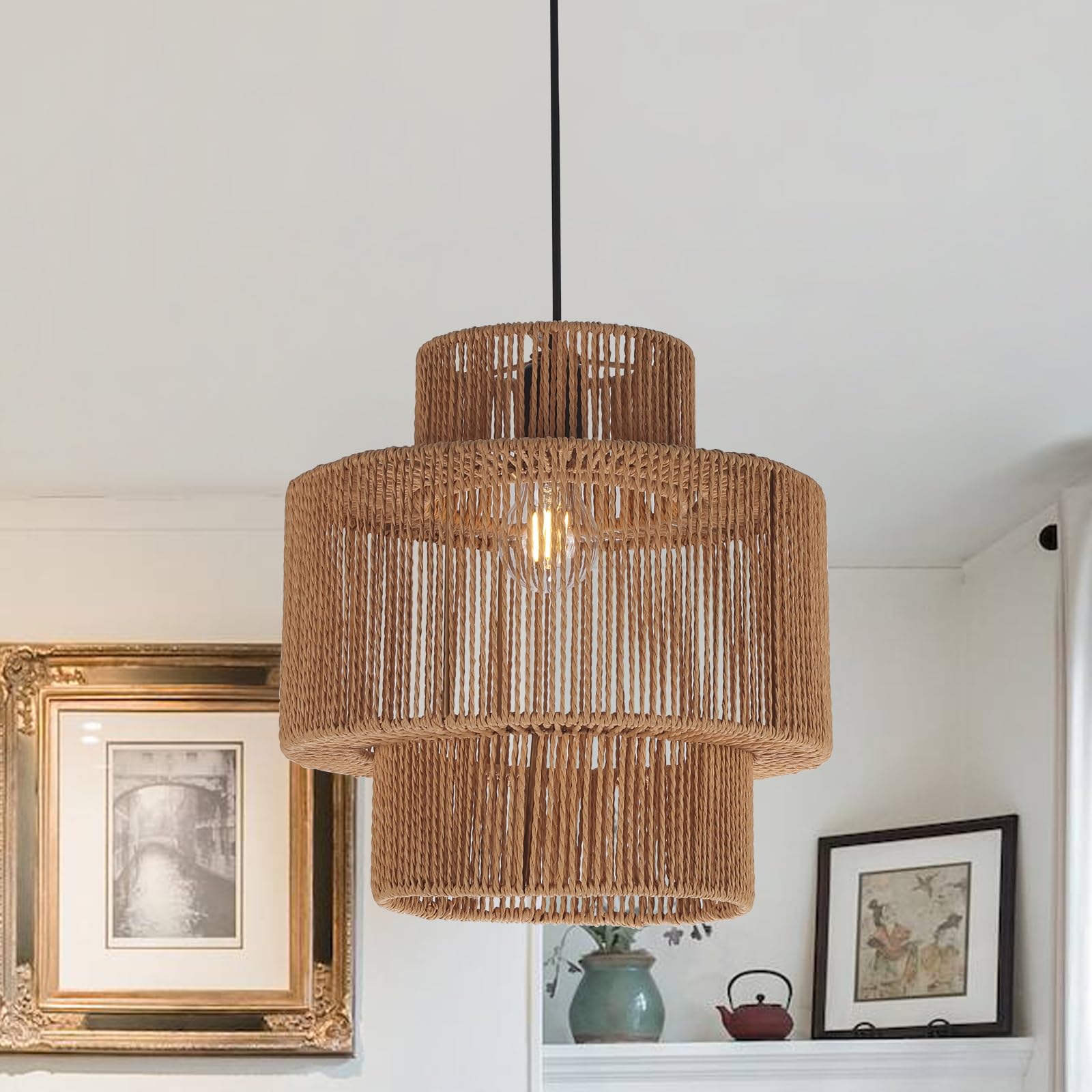 YPQXYHDA 32 cm Boho Rattan Pendant Chandelier Ceiling Light Adjustable E27