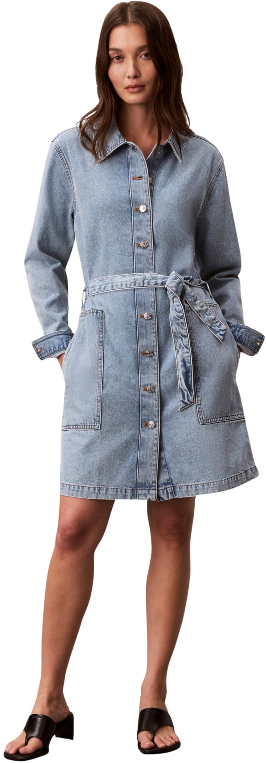 Calvin Klein Women's Belted Denim Mini Dress Coastal LV047F671G Dresses, Blue, L