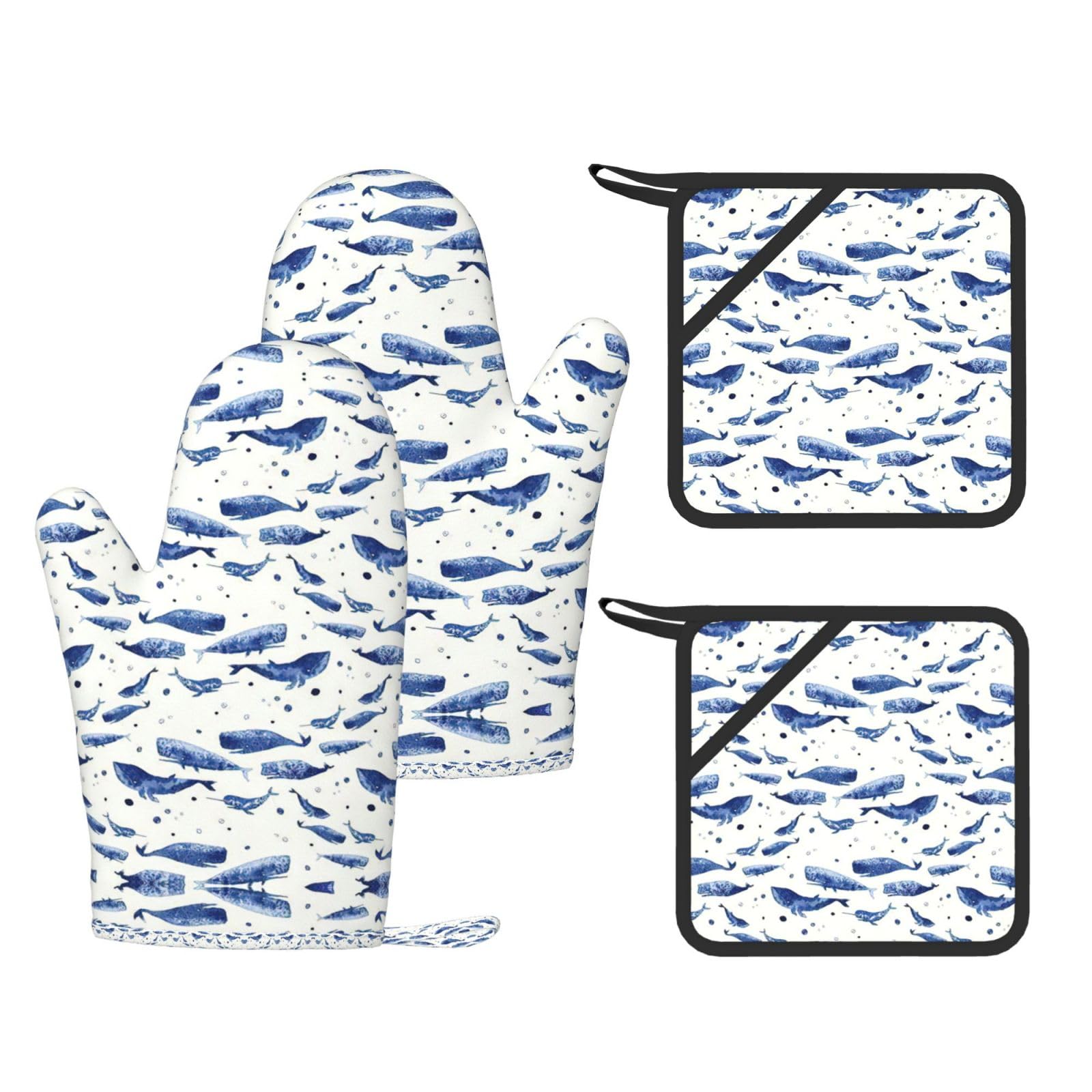 Small blue whale swimming Printed Oven Mitts with Pocket and Hot Pads, Silicone Non-Slip Kitchen Gloves for Baking BBQ