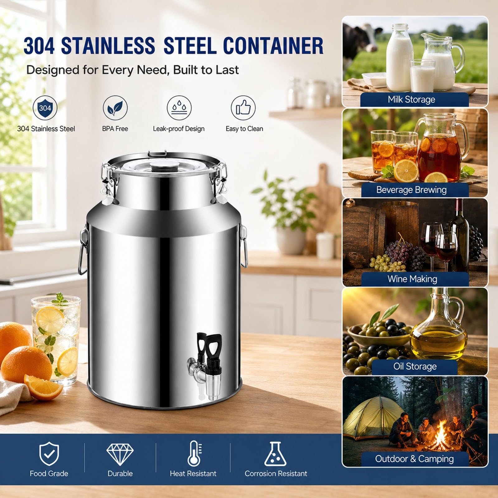 5-88 Litri Bidone Fusto in Acciaio Inox 304 con Rubinetto e Coperchio Ermetico, Contenitore Alimentare Antiperdita per Conservazione Olio Vino Latte in Cucina e Fattoria